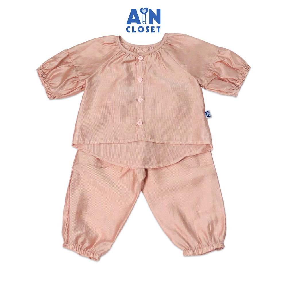 Bộ quần dài áo tay lỡ bé gái họa tiết Kẻ chỉ hồng bóng cotton - AICDBGF1JWHH - AIN Closet