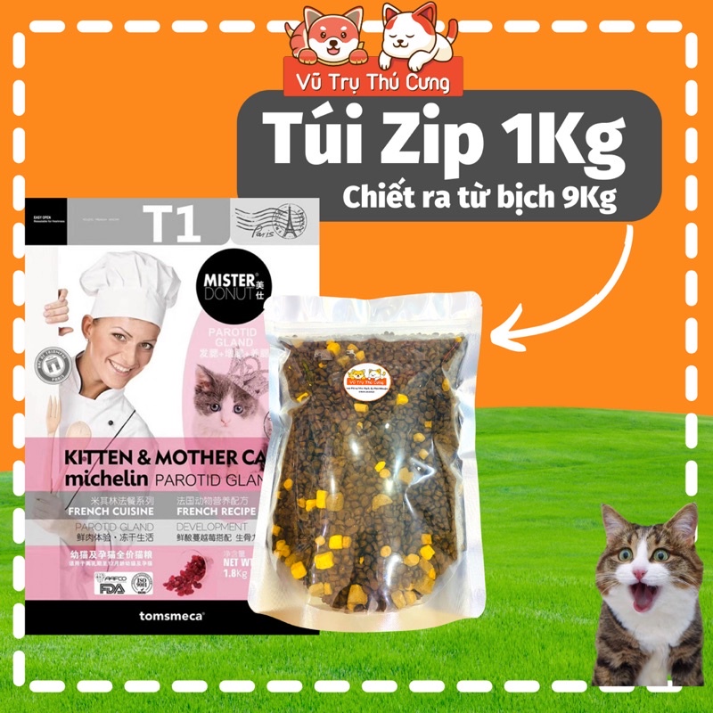 Thức ăn Hạt Mister Donut T1, T2 dành cho Mèo mọi độ tuổi, kèm hạt thịt sấy nhiều dinh dưỡng, phù hợp cho Mèo kén ăn