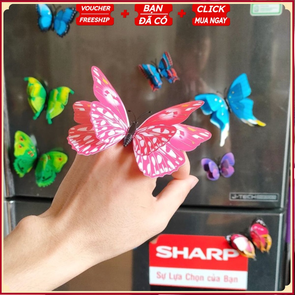 [Chọn Màu] Set 12 CON BƯỚM Tạo Hình 3D - Hình Dán Trang Trí Tường - Có Nam Châm Gắn Tủ Lạnh, Cửa Sổ