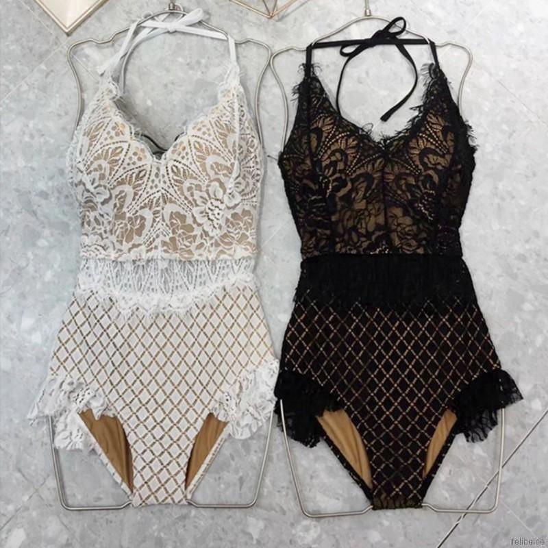 Set đồ đi biển 1 mảnh liền họa tiết phối ren kèm dây đeo cổ xinh xắn cho nữ