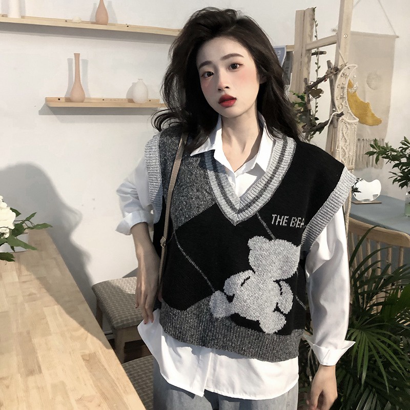 Hàng Sẵn_ Áo gile dệt kim ngắn retro áo vest không tay cổ V phong cách Hàn