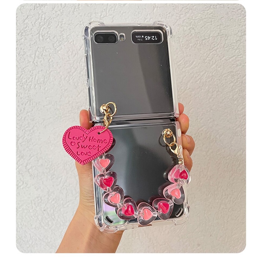 Ốp điện thoại chống sốc trong suốt có dây đeo tay trái tim cho Samsung galaxy z flip 5g 3 flip3 DIY