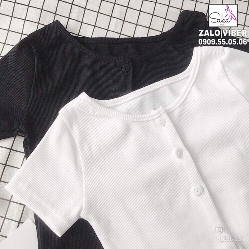 Áo croptop nữ nút trắng đen vải thun gân tăm loại xịn