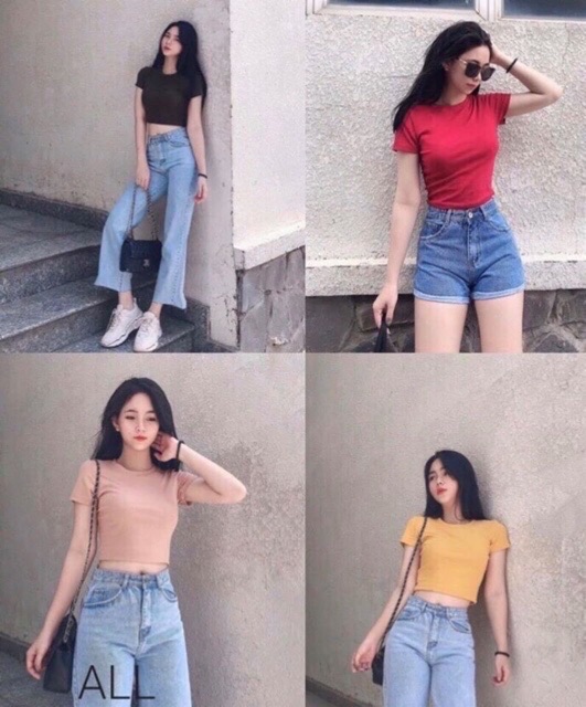 Áo croptop cộc tay trơn vải zip 2 màu xinh xắn