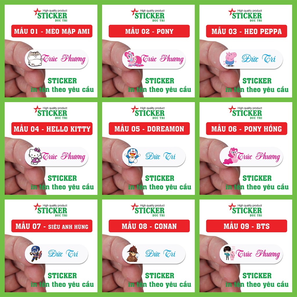 110 Sticker Miếng Dán Tem Tên Bé in theo yêu cầu  Decal nhựa chống nước  Mẫu 01 đến Mẫu 20.