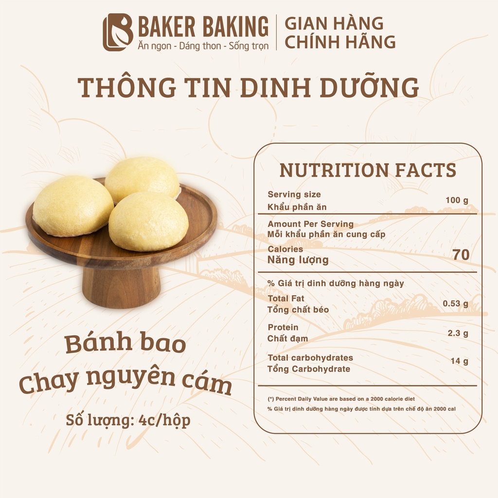 Bánh bao tươi nguyên cám Baker Baking mix vị không chất bảo quản set 4 bánh