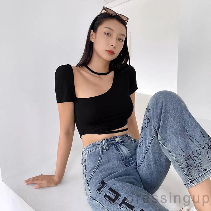 Áo Kiểu Tay Ngắn Màu Trơn Cổ Lệch Thời Trang Dành Cho Nữ