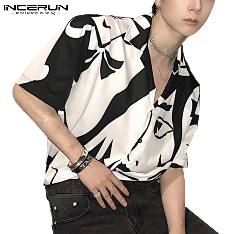 Áo sơ mi INCERUN tay ngắn cổ lật họa tiết nghệ thuật thời trang dành cho nam