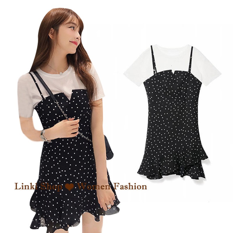 Set áo thun ngắn tay màu trơn + váy chấm bi thời trang cho nữ | BigBuy360 - bigbuy360.vn