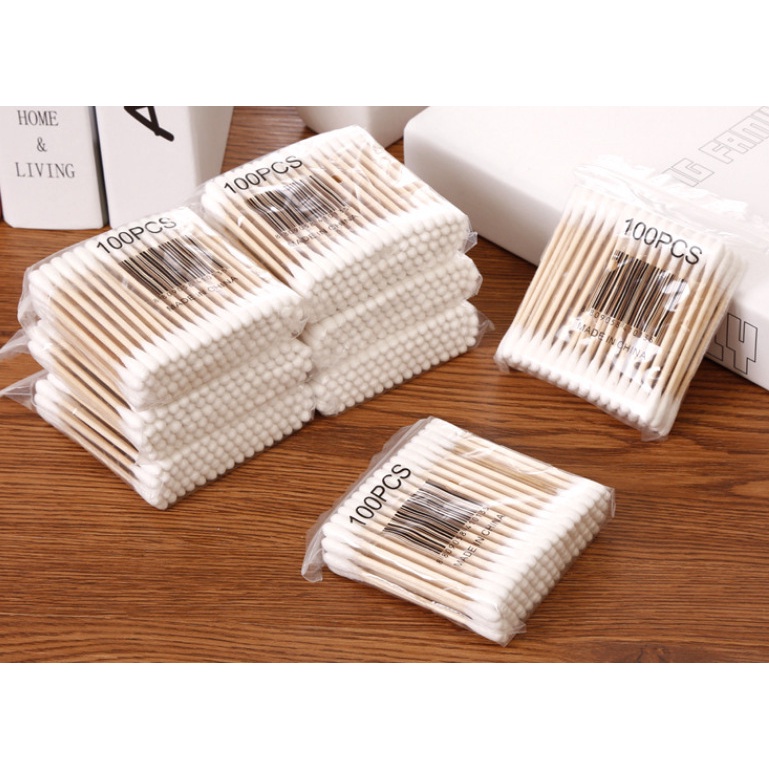 Hộp 30-100 Tăm Bông Cotton Hai Đầu Thân Gỗ Dùng Tẩy Trang Cho Bé