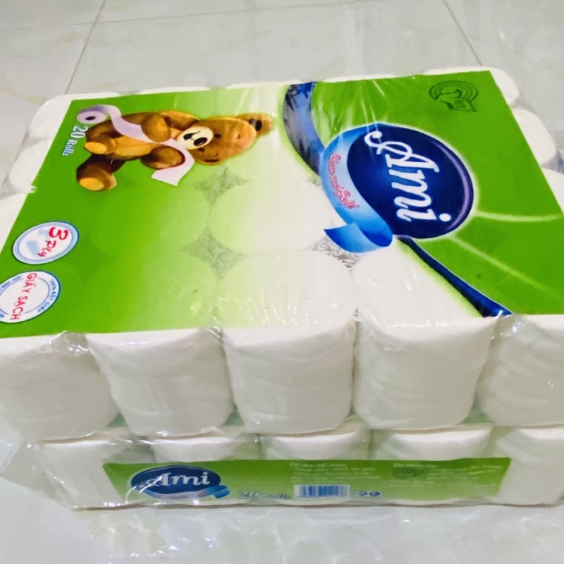 Date mới nhất - Giấy vệ sinh Ami giấy 3 lớp siêu dai mềm mịn bịch 20 cuộn không lõi