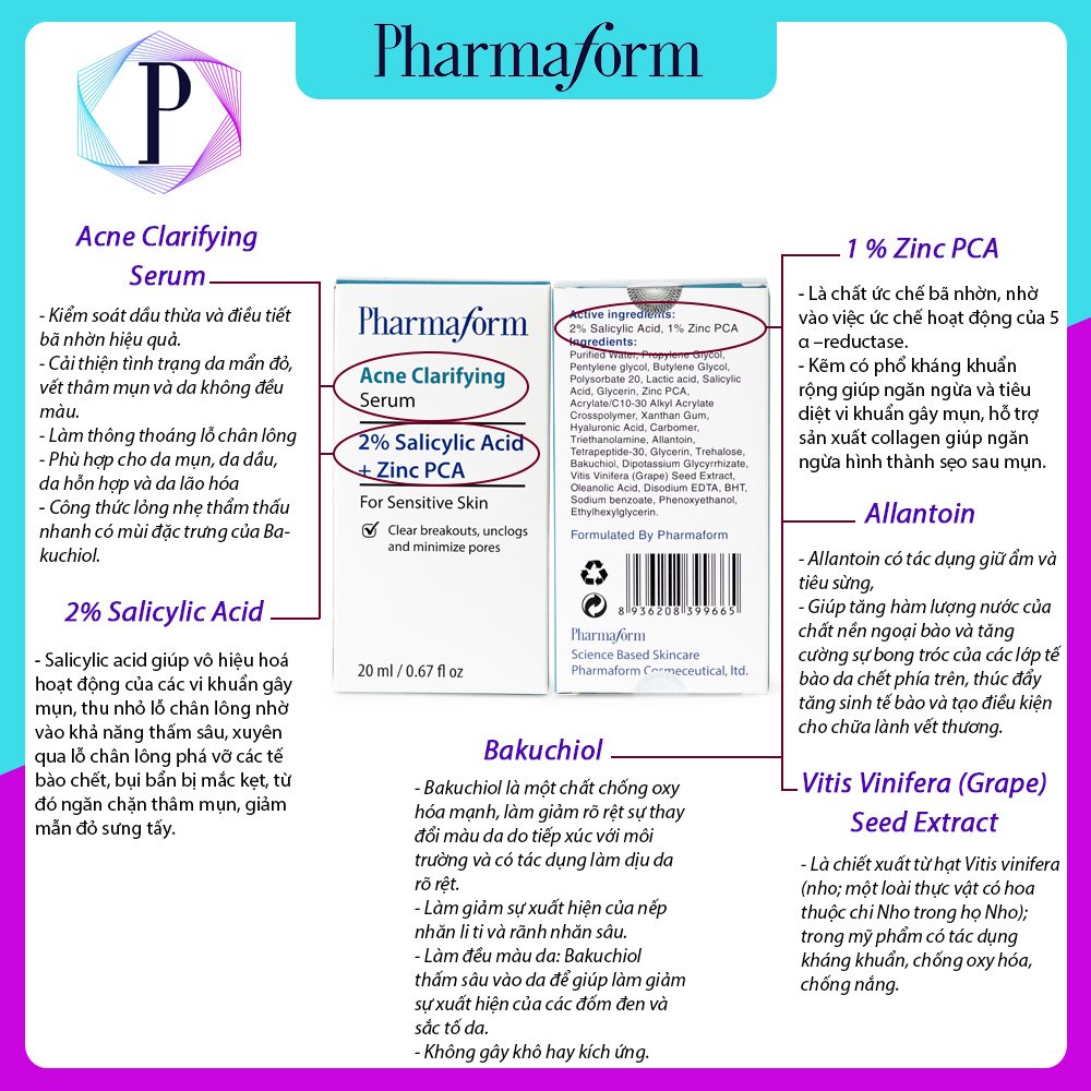 Serum giảm và ngăn ngừa mụn đầu đen cho da mặt, tinh chất se khít lỗ chân lông PHARMAFORM Acne Clarifying 20ml