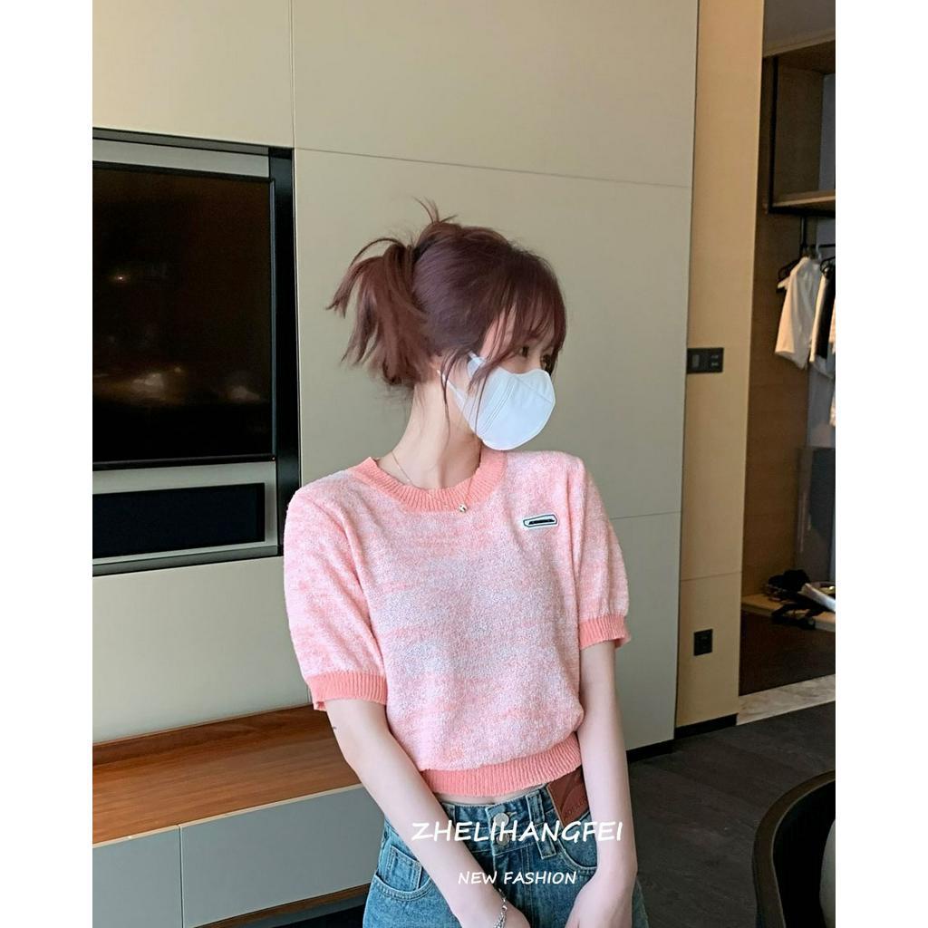 ZHELIHANGFEI Áo Sweater Cổ Tròn Tay Ngắn Dáng Ôm Vừa Vặn Màu Trơn Cho Nữ