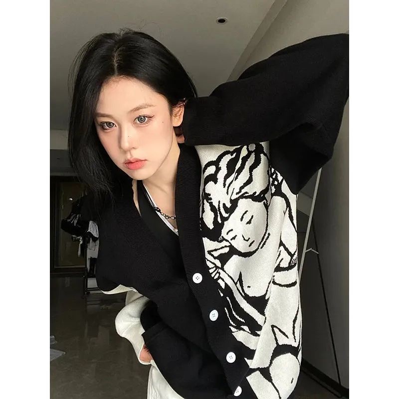 Honypove Áo Khoác Cardigan Màu Trắng Đen Phong Cách Retro Cho Nữ