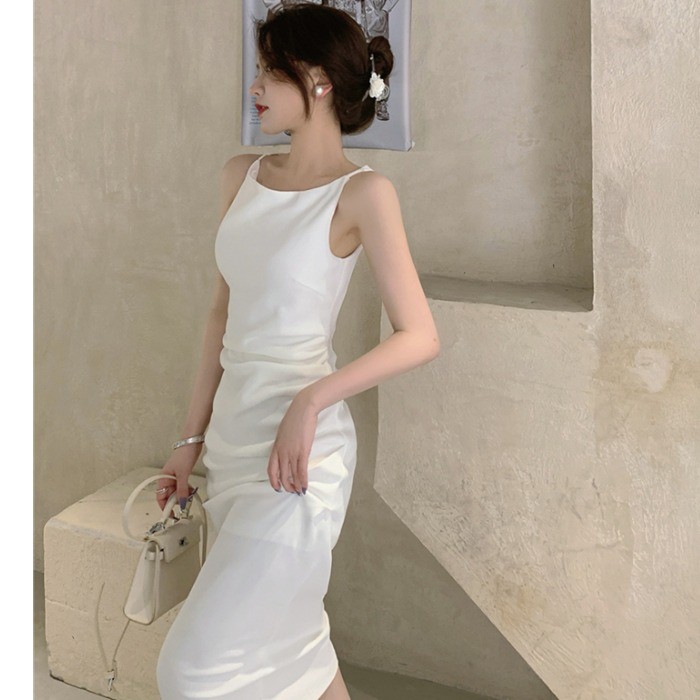 Đầm liền thân trắng hai dây trắng thanh lịch dự tiệc phong cách Hàn Quốc | BigBuy360 - bigbuy360.vn