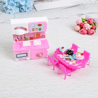 Dolls kitchen furniture for barbie doll table chair dinnerware kid toy