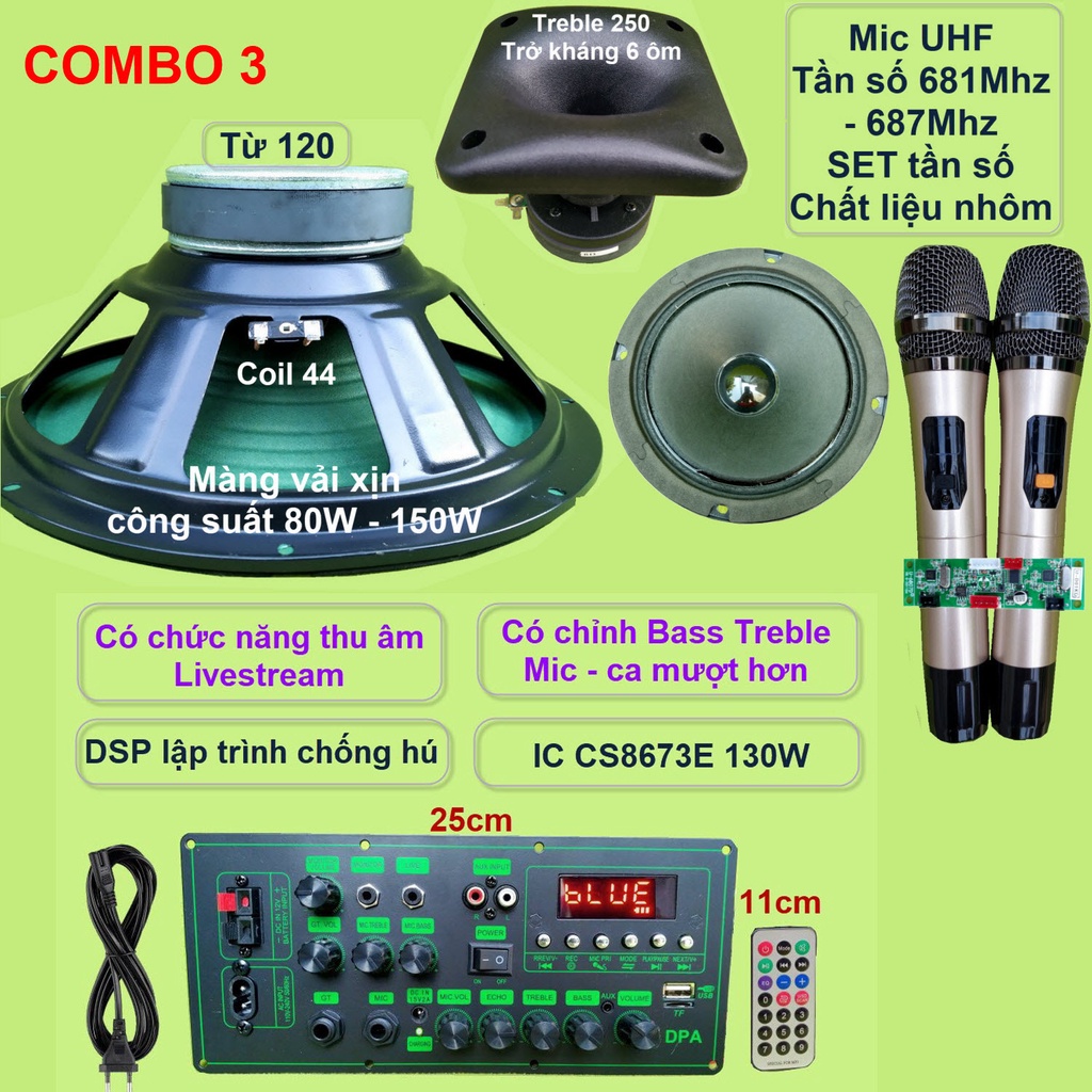 Mạch loa kéo 3 tấc đơn CS8673E 130W, thu âm LIVESTREAM, DSP lập trình chống hú có chỉnh Bass Treble