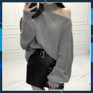Áo len sweater trễ vai tay dài form rộng Hàn Quốc hở vai lệch