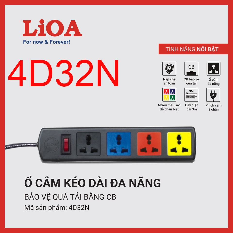 [CHÍNH HÃNG] Ổ cắm LiOA 4 lỗ kéo dài đa năng 4D32N (3m) - 4D52N (5m) 4 ổ cắm 3 chấu 1 công tắc 2200W 10A