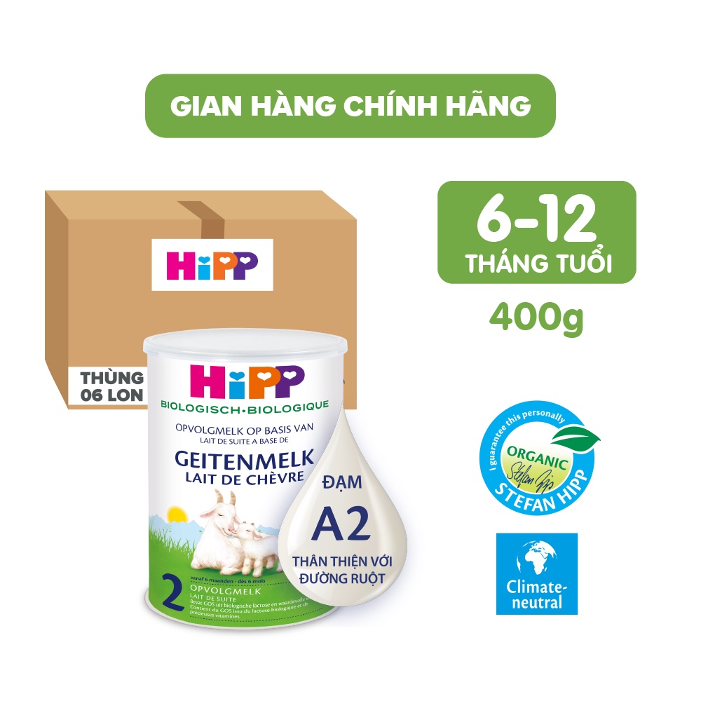 Thùng 6 lon sữa dê HiPP 2 Organic 400g - Giúp bé phát triển chiều cao, trí não, tăng cường hấp thu