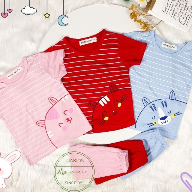 Bộ Minky Mom Tay Ngắn Quần Dài Cho Bé Gái Bé Trai 1 2 3 4 5 6 Tuổi Vải Thun Lạnh-Đồ Bộ Trẻ Em Hình Mèo-TN03-Babulala