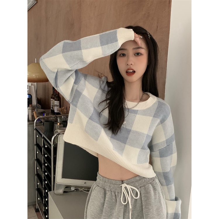 Áo Dệt Kim Cổ Thuyền Ngắn Họa Tiết Kẻ Sọc Màu Tương Phản Thời Trang Hàn Quốc