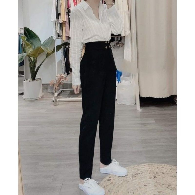 Quần baggy nữ kiểu quần tây baggy đi học nữ vải tuyết mưa cạp siêu cao phối 4 cúc cực đẹp
