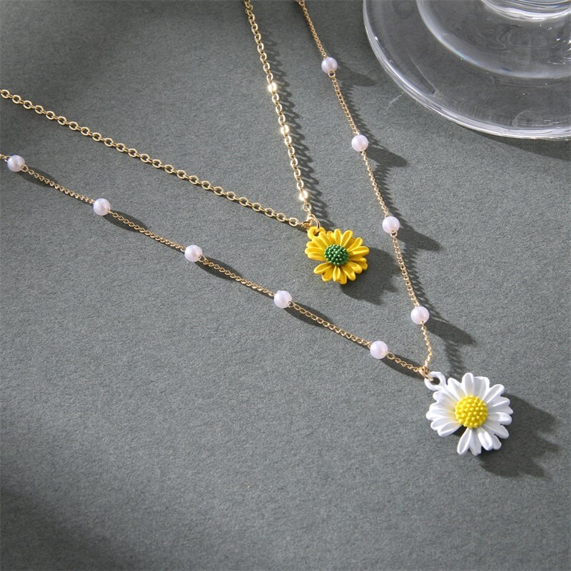 Fashion Korea Double Pearl Daisy Flower Pendant Necklace Earring All-match Jewelry For Women