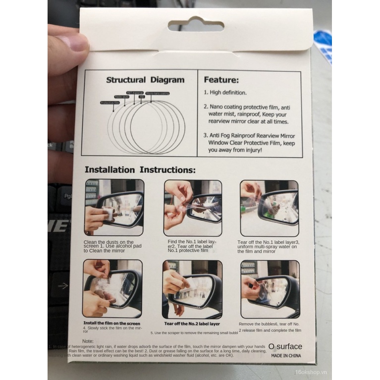 Set 2 miếng phim nano dán kính chiếu hậu xe hơi chống mưa chống sương mù và mưa