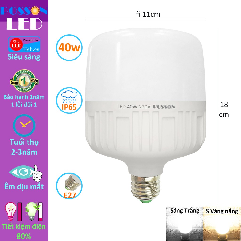 Sỉ 30 Bóng đèn Led trụ 40w bup trụ bulb siêu sáng tiết kiệm điện kín chống nước Posson LC-H40x