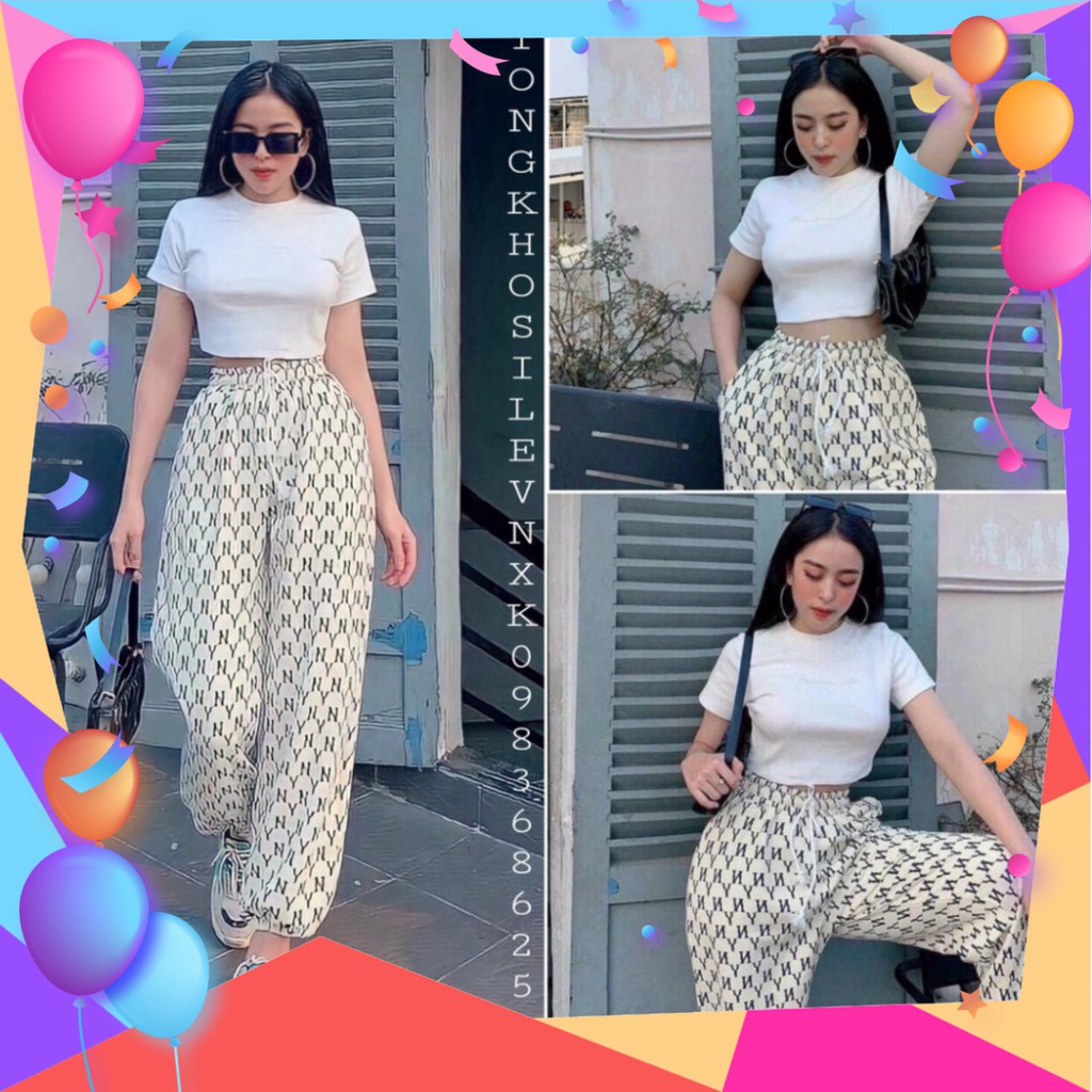 Bộ Áo Croptop Quần Jogger YN 🦋 Set Áo Ngắn Cộc Tay In Chữ Kèm Quần Thun Dài 🦋 [Có sẵn]