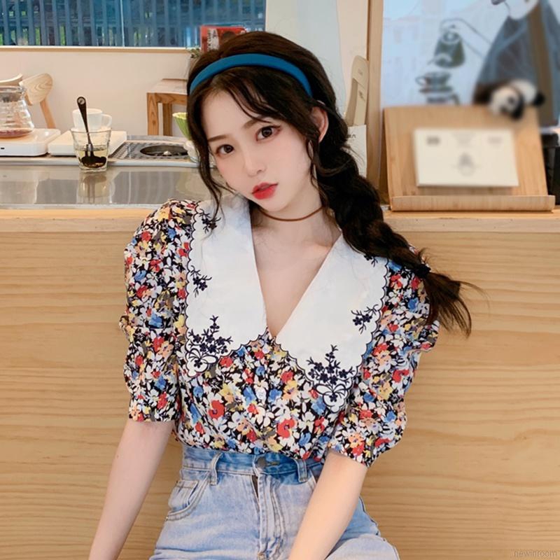 Lapel floral bubble sleeve design niche embroidered shirt red | BigBuy360 - bigbuy360.vn