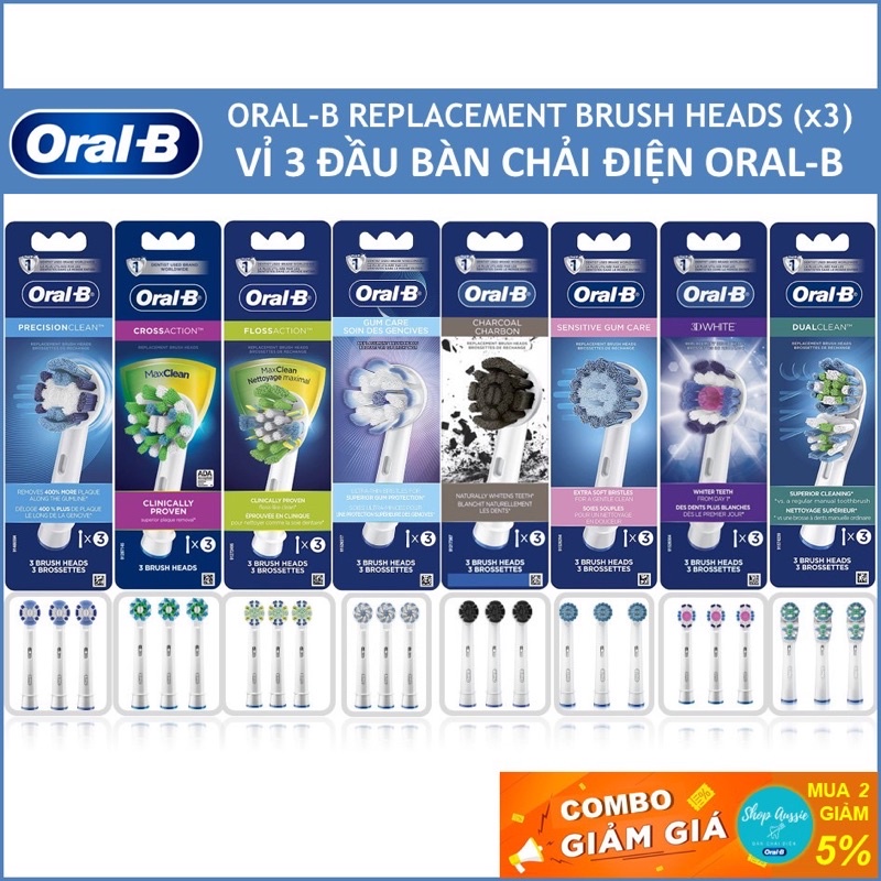 Vỉ 2, set 3 Đầu Bàn Chải Điện Oral-B Braun - Đủ loại đầu thay thế bàn chải Oral-B cho người lớn và trẻ em