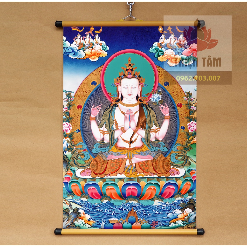 Tranh mật tông thangka Quan Âm Tứ Thủ 40x60cm bằng vải phủ bóng cao cấp dày dặn