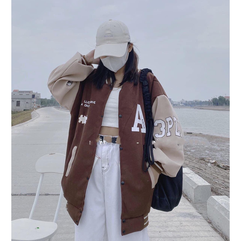 áo khoác bomber nhung in chữ A form dáng rộng unisex nam nữ mặc được màu nây tây siêu tôn da phong cách hàn quốc