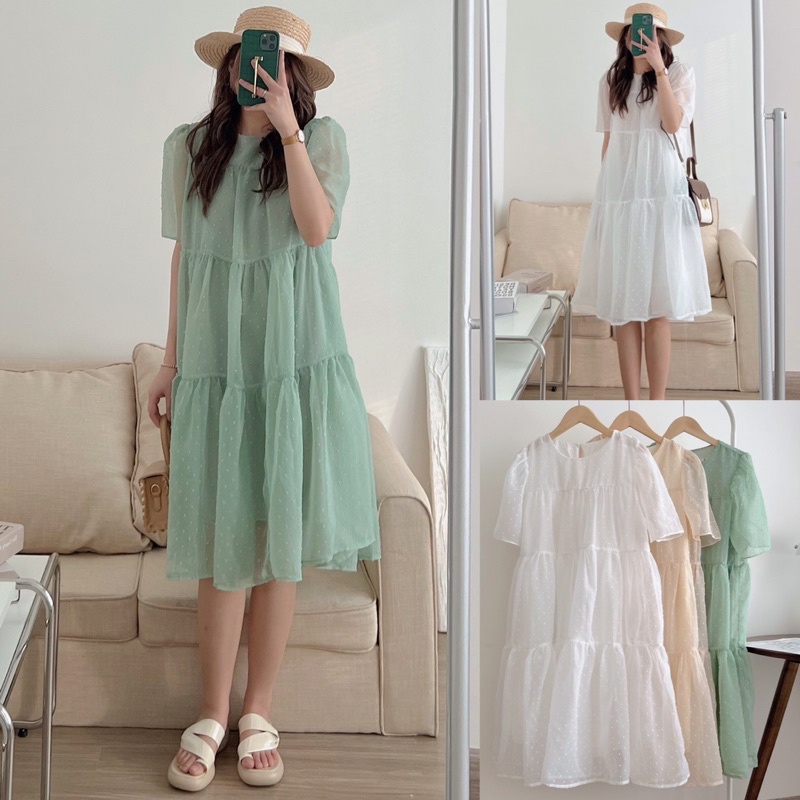 Đầm - váy babydoll voan ren hạt cổ tròn bồng xòe tầng hai lớp Hàn Quốc