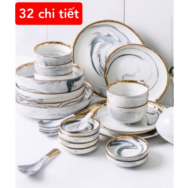 Bộ bát đĩa vân đá 32 món viền vàng sang trọng, phong cách Châu Âu,thích hợp dùng trong bữa cơm gia đình và nhà hàng