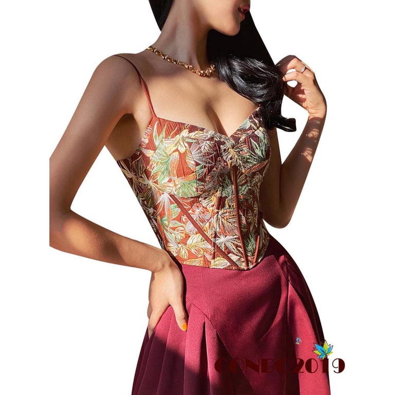 HGM-Women Retro Style Bodycon Camisole, Caramel Leaves Jacquard Pattern Spaghetti Strap Tank Tops