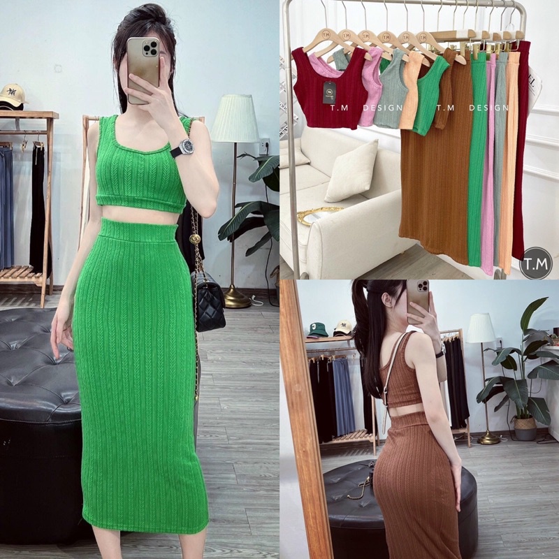 Set áo thun croptop ba lỗ + chân váy bút chì