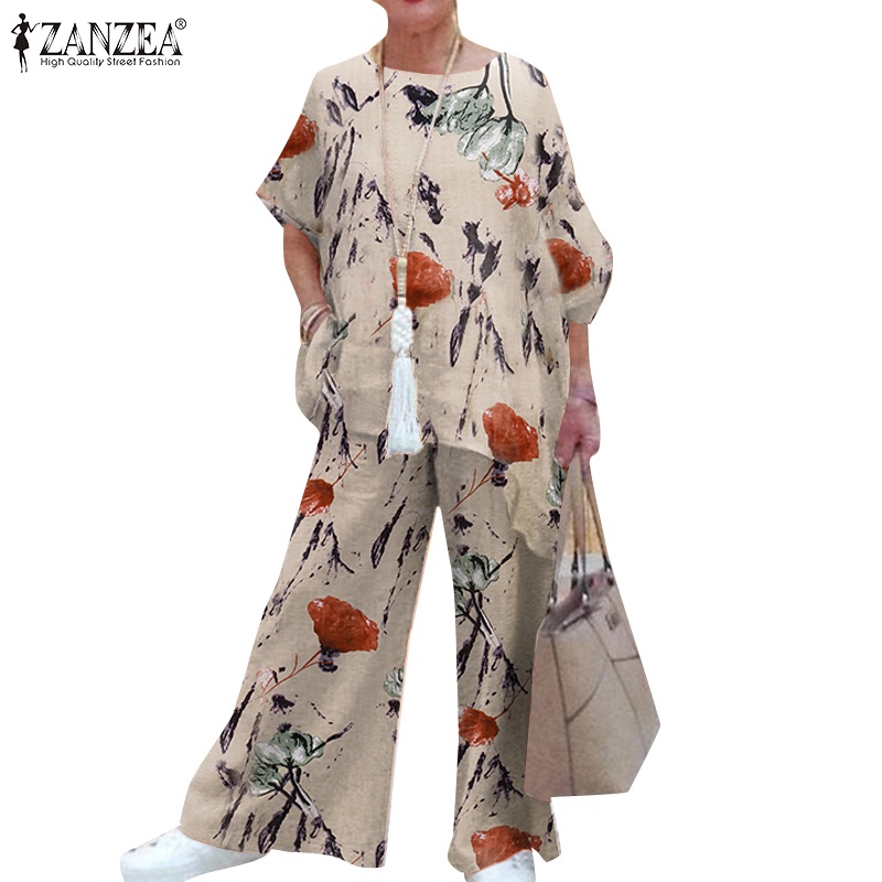 Zanzea Bộ Áo Tay Ngắn Kèm Quần Dài Ống Rộng Bằng Cotton Lanh Phong Cách Châu Âu Dành Cho Nữ
