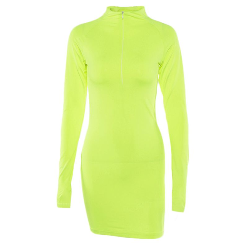 Xiangbao Đầm Bodycon Tay Dài Cổ Lọ Có Dây Kéo Màu Dạ Quang Gợi Cảm Cho Nữ