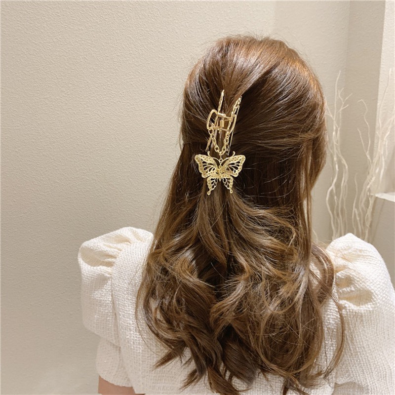 1 Elegance Temperament Women Hair Clip Metal Hollow Hair Claw Butterfly Pendant Kẹp Tóc Thời Trang Vintage