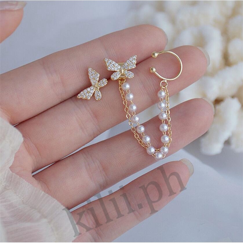 Kilii Đôi Bông Tai Dáng Dài Hình Bướm Đính Ngọc Trai Thời Trang