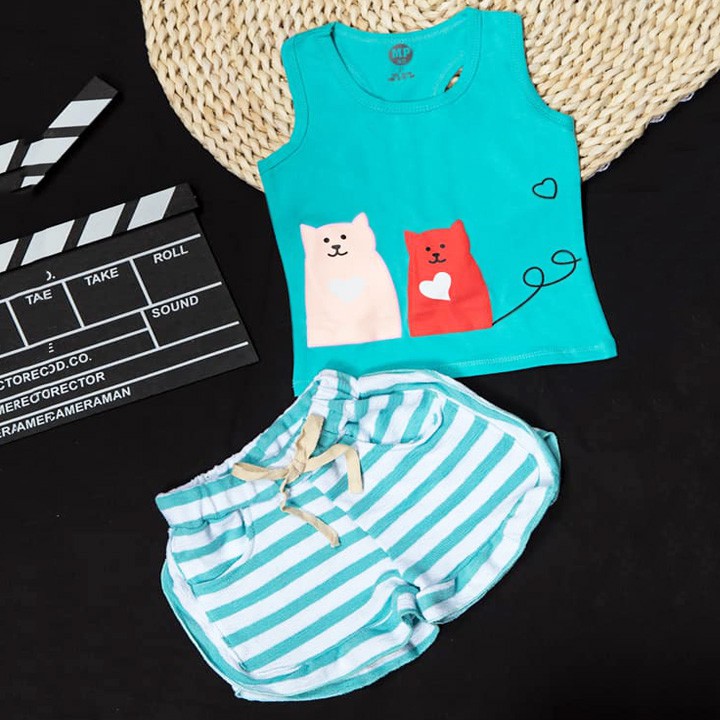 Đồ bộ bé gái thun cotton mềm mát in hình chú mèo size nhí từ 10-18kg
