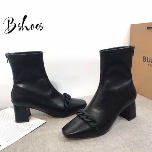 Giày boot nữ da mềm 2021 B SHOES, boot thấp cổ lót nỉ khóa sau, mũi vuông, dây xích siêu thời trang, cao 5p B12