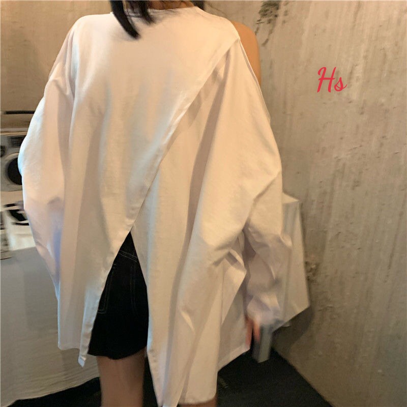 Áo Khoét Vai Vạt Xẻ Lệch Tầng Cao Cấp 🌸 NgocLinhstore🌸 Áo Dài Tay Dáng Rộng Nhiều Màu TRẮNG ĐEN GHI