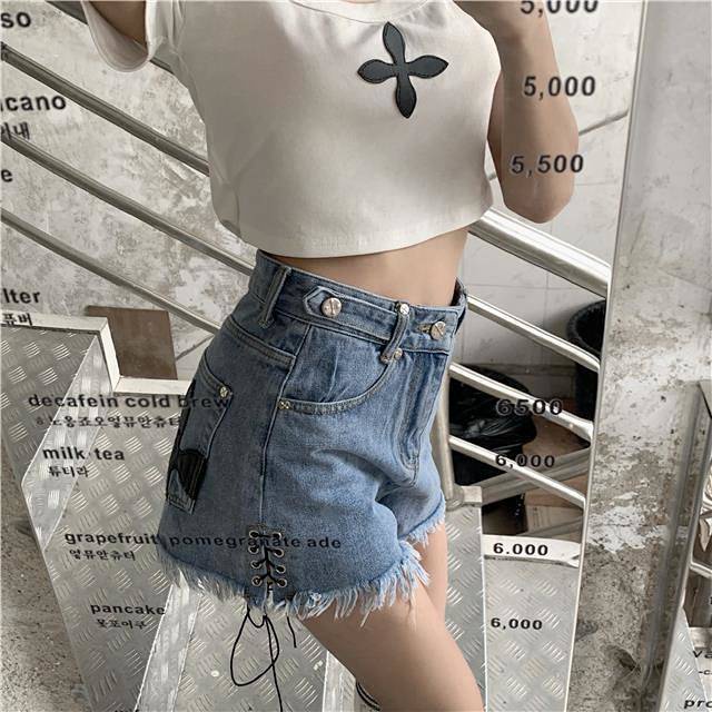 Quần short denim thắt lưng cao màu đen mùa hè tôn dáng nóng bỏng ngọt ngào có size lớn cho nữ