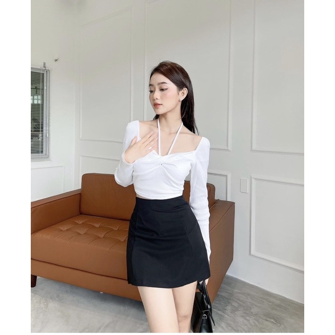 SET ÁO XOĂN NGỰC DÂY CỔ YẾM BẸT VAI + CHÂN VÁY ĐEN