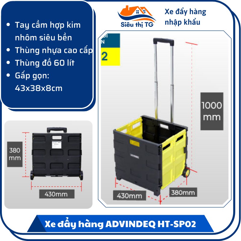 Xe đẩy hàng gấp gọn đi chợ 2 bánh ADVINDEQ HT-SP02, xe kéo hàng đi chợ gấp gọn mini siêu thị đa năng