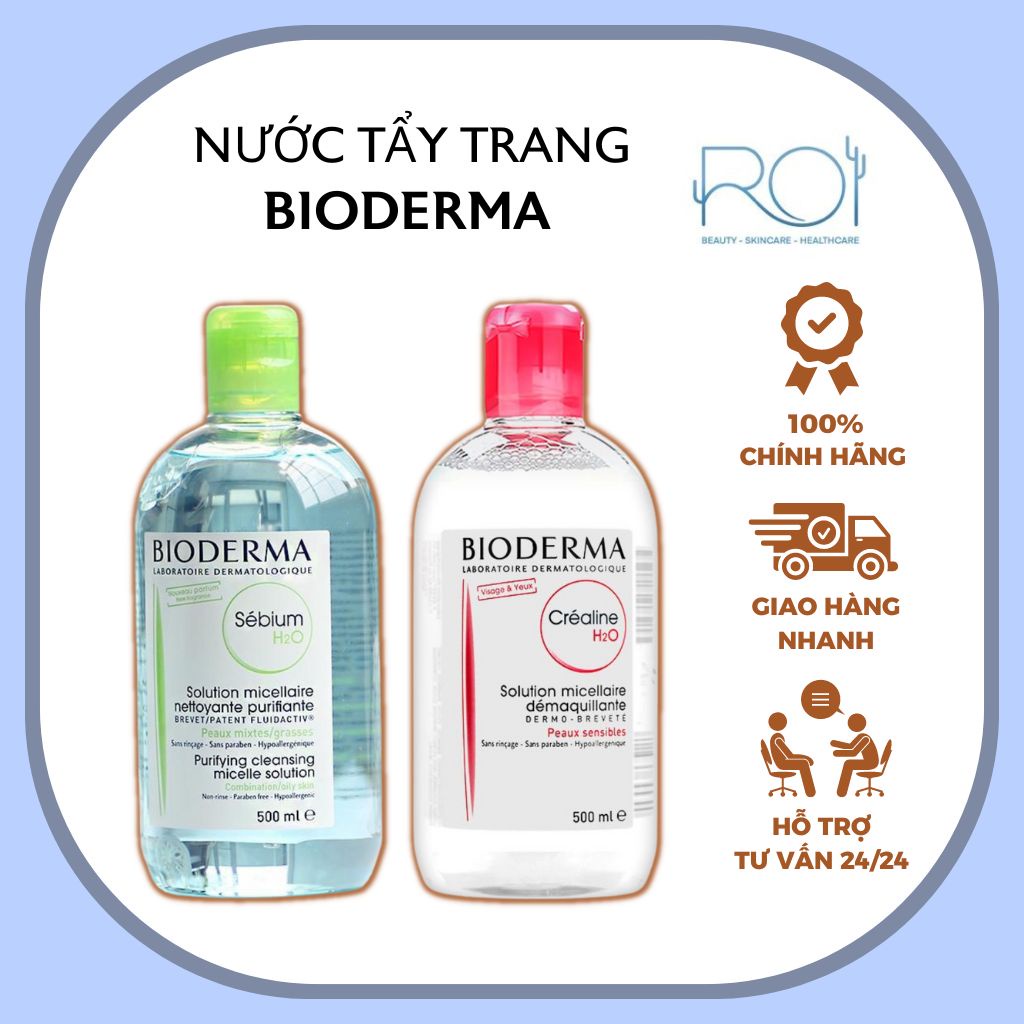 Nước tẩy trang bioderma 500ml dành cho da dầu, da mụn, da khô lành tính, hiệu quả